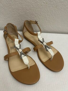 Calvin Klein Brown & White Leather T-Strap Sandals